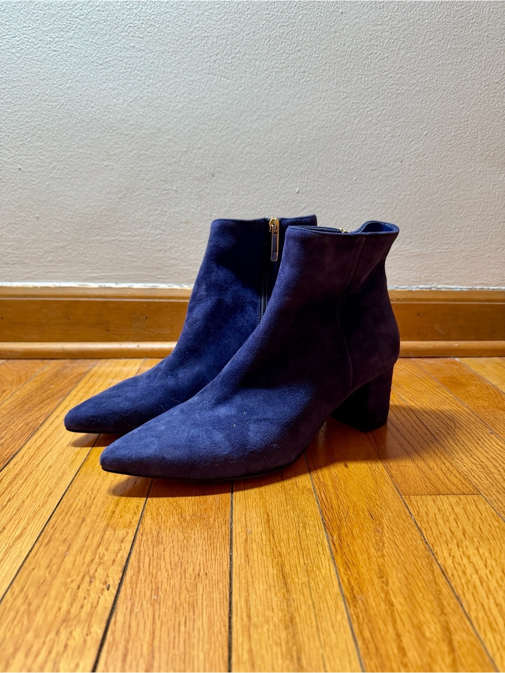 L'AGENCE Navy Suede Pointed Toe Ankle Booties